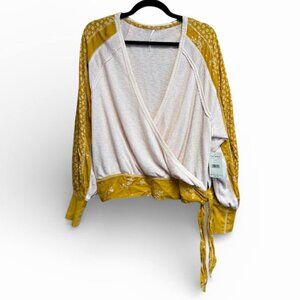 NWT Free People Auxton Waffle Thermal Top Tie Waist Yellow & Pastel Pink